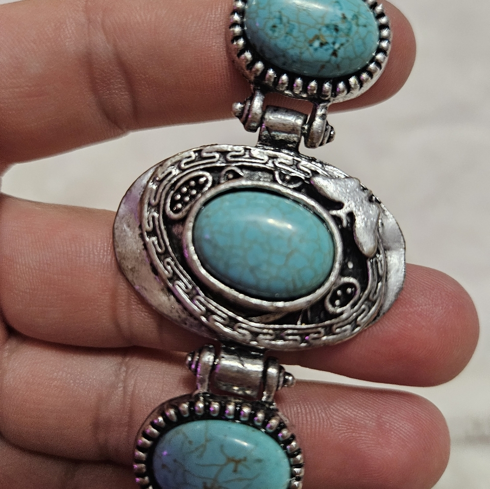 Hippie Boho tribal silver turquoise bracelet - Picture 3 of 7